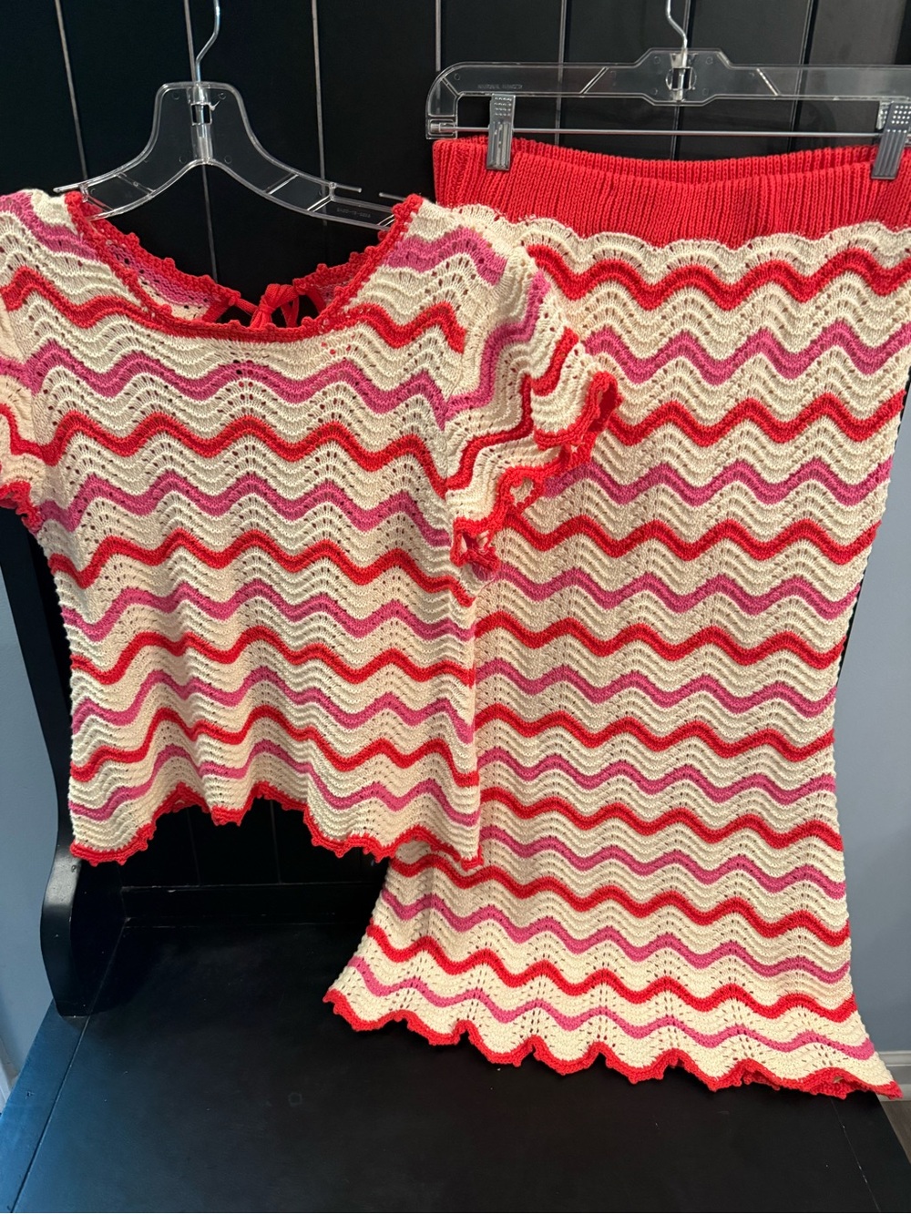 Fate Striped Crochet Two-Piece Set in Cream, Pink & Red